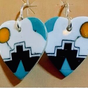 Micro In-Lay Heart Shaped Southwestern Style Boho Earrings / Fish Hook Back New!